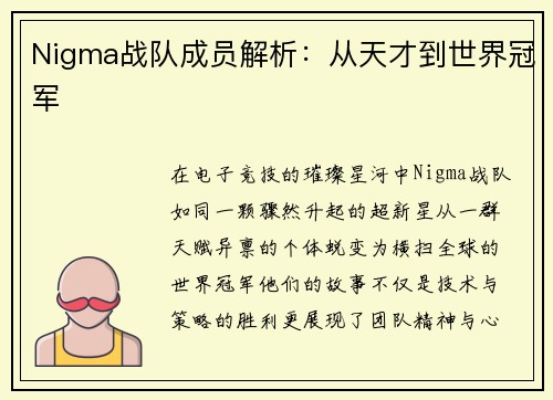 Nigma战队成员解析：从天才到世界冠军