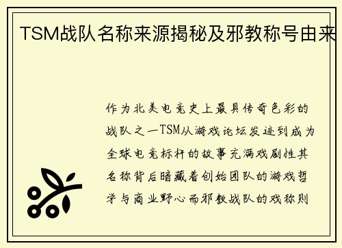 TSM战队名称来源揭秘及邪教称号由来