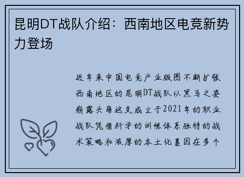 昆明DT战队介绍：西南地区电竞新势力登场